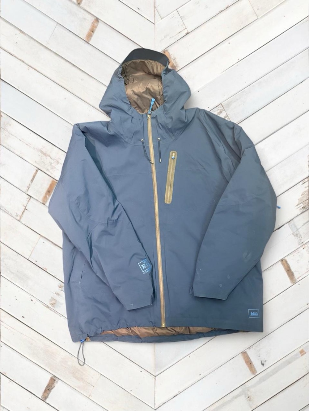 REI Men's Slate Blue Hooded Ski Jacket with Gold Accents